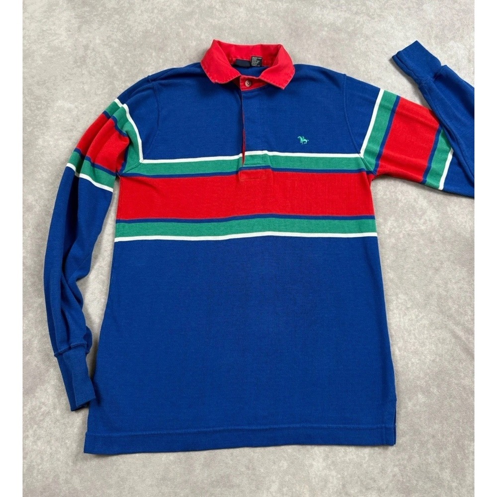 VTG Hunters Run Men's Sz M Long‎ Sleeve Polo Rugby Stripe Shirt Blue Red Preppy